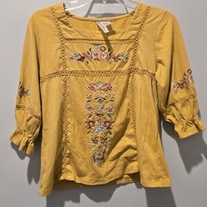 Forgotten Grace Peasant Boho 3/4 Sleeve Embroidered Floral Festival Women's Sm